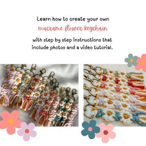 May include: A collection of colorful macrame flower keychains with tassels. The keychains are made with different colored yarn and feature a daisy flower design. Learn how to create your own macrame flower keychain with step by step instructions that include photos and a video tutorial.