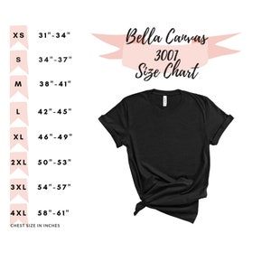Op de afbeelding: Bella Canvas 3001 maattabel voor T-shirts. De tabel toont de borstmaten in inches voor XS, S, M, L, XL, 2XL, 3XL en 4XL.