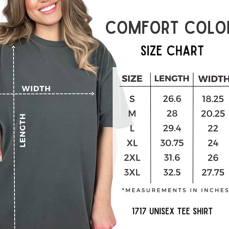 May include: Size chart for a unisex t-shirt, showing measurements in inches for length and width. Sizes include S, M, L, XL, 2XL, and 3XL.
