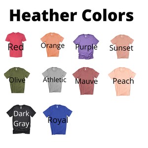 Op de afbeelding: Heather kleuren voor t-shirts. De kleuren zijn rood, oranje, paars, zonsondergang, olijf, atletisch, mauve, perzik, donkergrijs en koninklijkblauw.