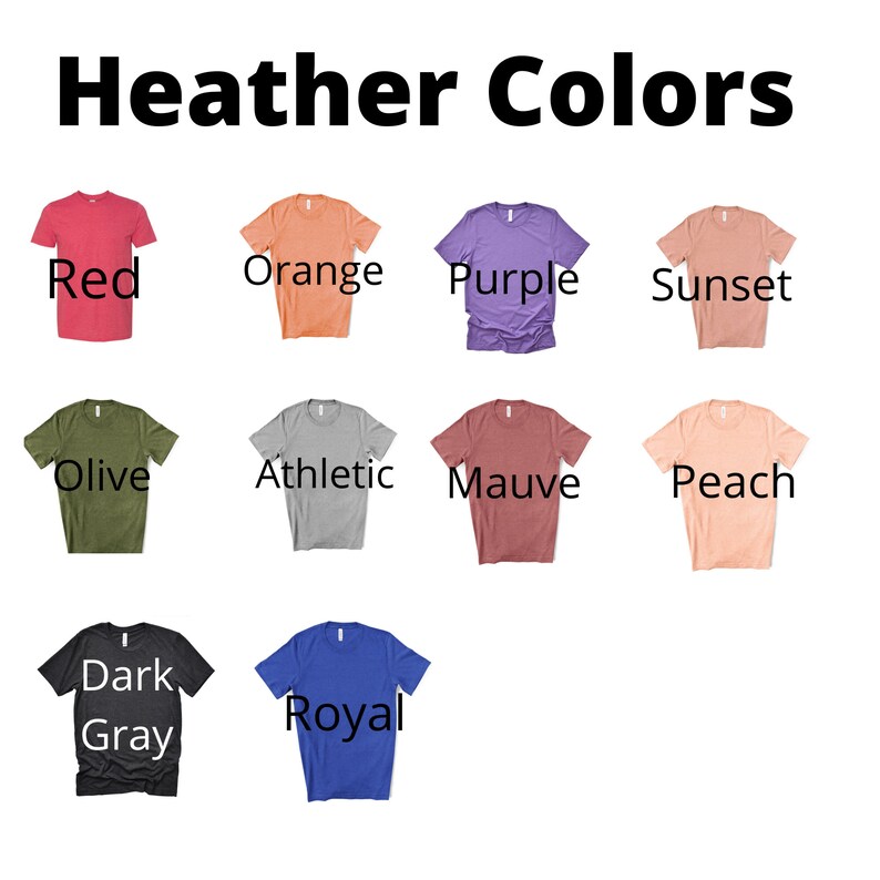 Op de afbeelding: Heather kleuren voor t-shirts. De kleuren zijn rood, oranje, paars, zonsondergang, olijf, atletisch, mauve, perzik, donkergrijs en koninklijkblauw.