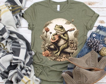Cottage Core Frog, Cottagecore Shirt, Aesthetic Frog Shirt, Goblincore Shirt, Frog Artwork Shirt, Frog T-Shirt, Frog Playing Guitar