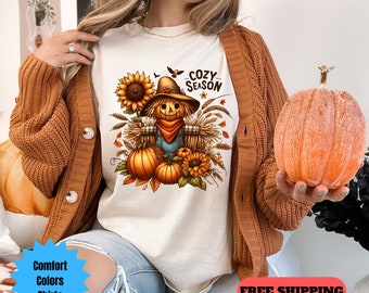 Comfort Colors®Cozy Season Shirt, Scarecrow Shirt, Fall Scarecrow Shirt, Autumn Shirt, Gift for Friend, Scarecrow T-shirt, Spooky Season Tee