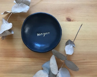 Hand stamped Navy 'Bonjour' Jewellery Dish, Personalised gold word dish, Handmade Clay Trinket Dish, Mini Ring Bowl, Gift Idea