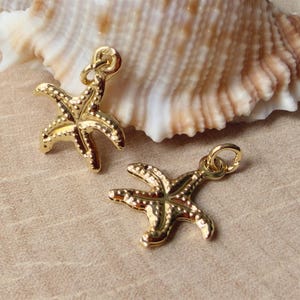 Könnte beinhalten: Zwei goldfarbene Seestern-Anhänger mit strukturierter Oberfläche und kleiner Schlaufe zum Aufhängen. Die Anhänger liegen auf einer hellbraunen Oberfläche, im Hintergrund eine Muschel. Ideal für die Schmuckherstellung.
