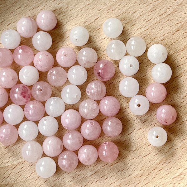 Perles de pierres précieuses mélange de quartz rose et de jade blanc, 50 perles