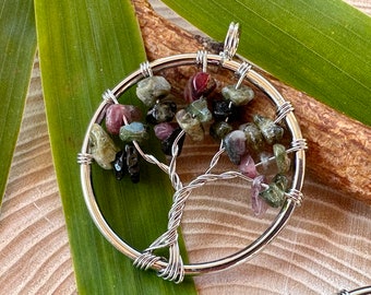 Tree of life jewelry pendant brass with tourmaline