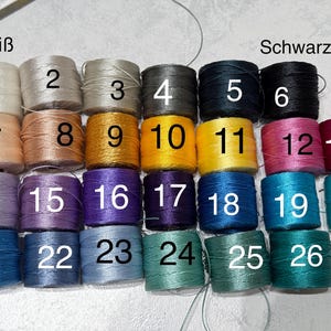 Op de afbeelding: Een verzameling van 26 spoelen garen, genummerd van 1 tot en met 26. De spoelen zijn gerangschikt in zes rijen van vier en twee rijen van drie. De spoelen zijn in verschillende kleuren, waaronder wit, zwart, geel, blauw, paars en roze.