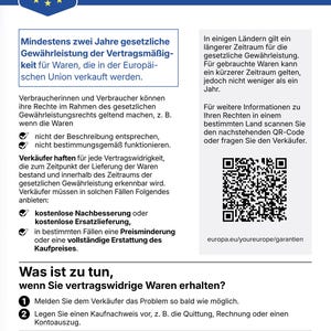 May include: An informational document titled GESETZLICHE GEW&Auml;HRLEISTUNG with a blue header featuring a G logo and stars. It outlines European Union consumer rights regarding product warranties, including a QR code and text about legal remedies.