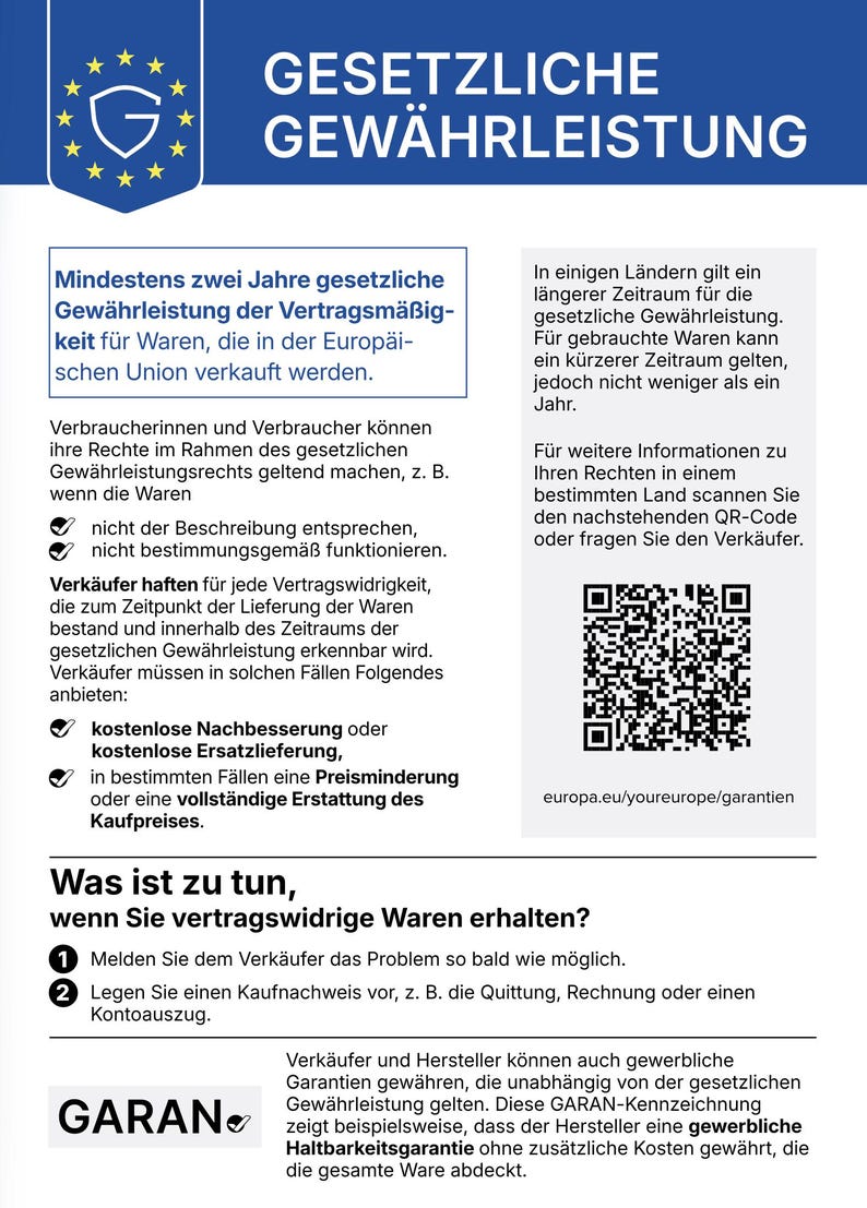 May include: An informational document titled GESETZLICHE GEW&Auml;HRLEISTUNG with a blue header featuring a G logo and stars. It outlines European Union consumer rights regarding product warranties, including a QR code and text about legal remedies.