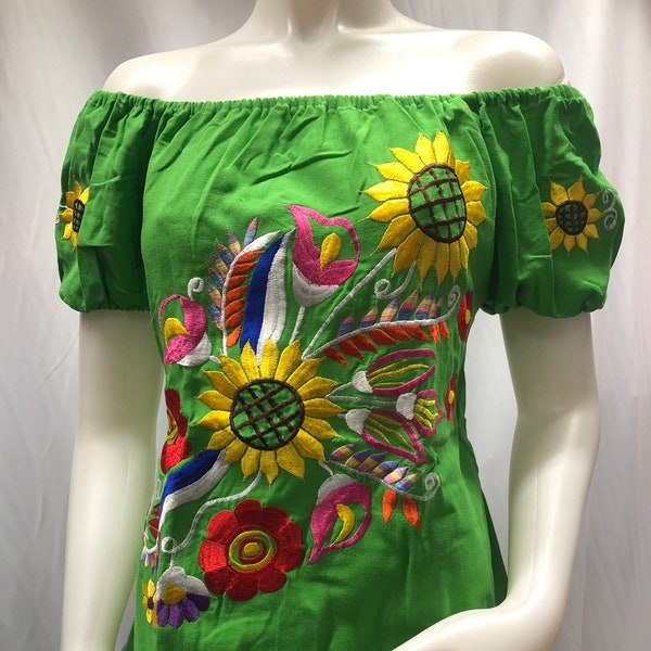 Mexican blouse, sunflowers blouse, off-the-shoulder blouse, embroidered blouse, regional blouse, typical blouse, handmade blouse, mexican party