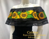 Mexican blouse, off-the-shoulder blouse, quot sunflowers quot , Tipica blouse, embroidered blouse, embroidered black blouse, Mexican party, May 5