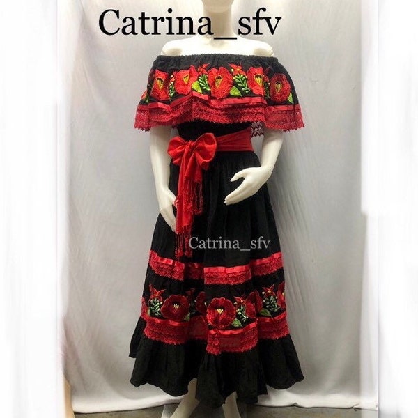 ROBE CATRINA, frida dres robe à épaules dénudées, robe faite à la main, robe mexicaine, robe typique, panier paysan, fête mexicaine