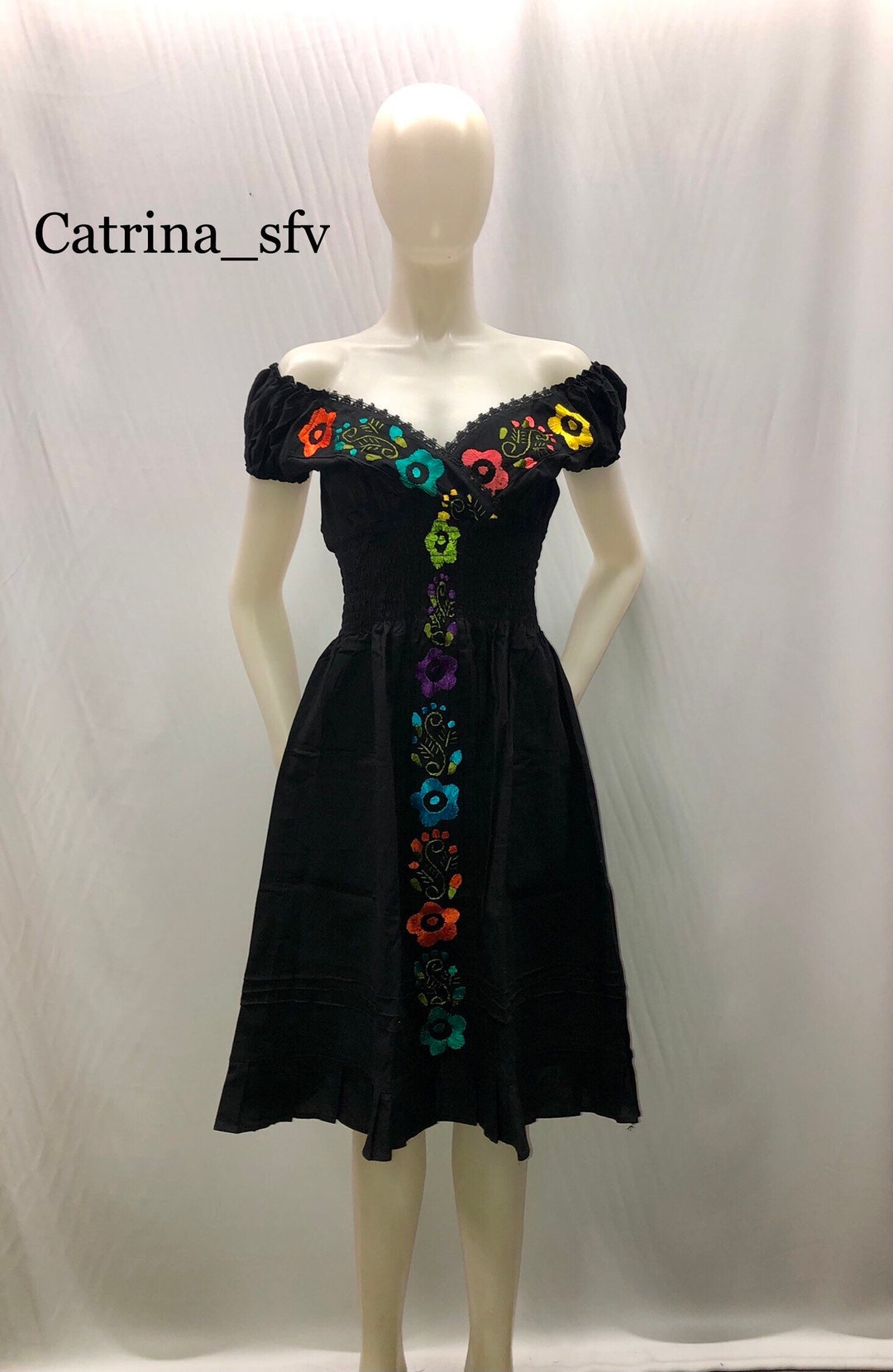 Mexican Dress, Embroidered Black Dress, off the Shoulders Dress