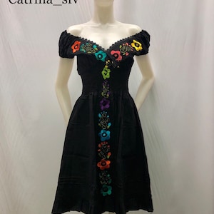 Mexican dress, embroidered black dress, off the shoulders dress, off-the-shoulder dress, handmade dress, typical dress, May 5