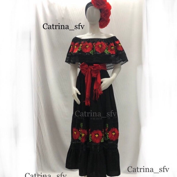 Mexican catrina dress, embroidered mexican dress, day of the dead, Frida dress, off the shoulder dress, mexican fiesta, 5 de mayo