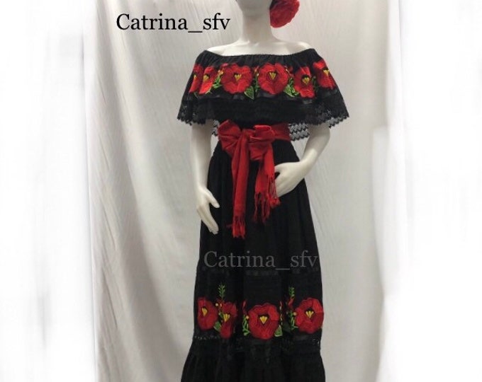 Catrina Mexican dress, embroidered Mexican dress, day of the dead, Frida dress, off the shoulder dress, Mexican fiesta, May 5