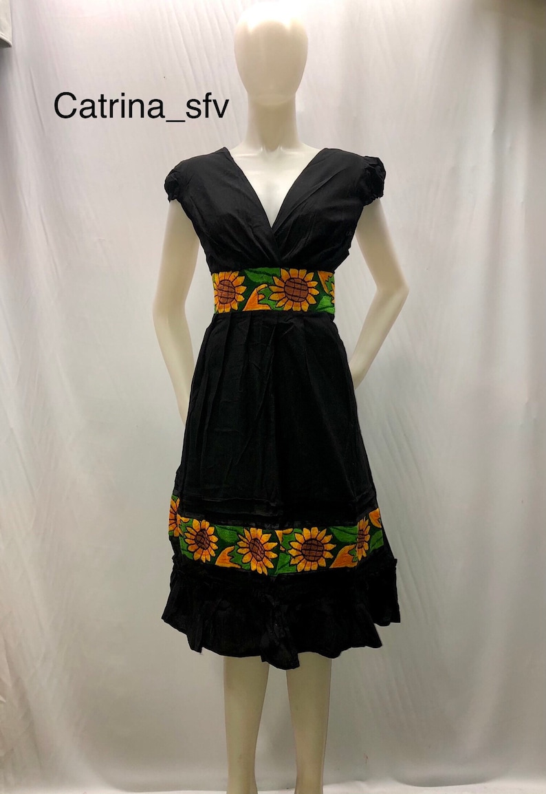 MEXICAN DRESS black Mexican dress handmade dress sunflower Etsy