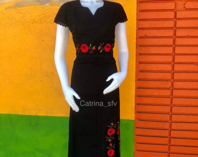 Mexican dress, catrina dress, vestido bordado, fiesta mexicana, cinco de mayo, vestido artesanal, day of the dead dress, black dress