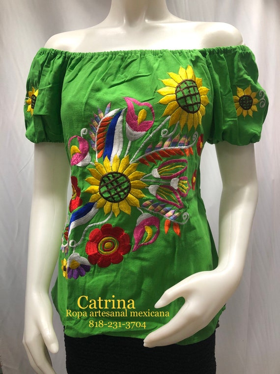 Sunflower Off-Shoulder Mexican Shirts/ Blusa Mexicana Artesanal Mexican Sunflower Blouse. Floral Embroidered Mexican Top  main image 2