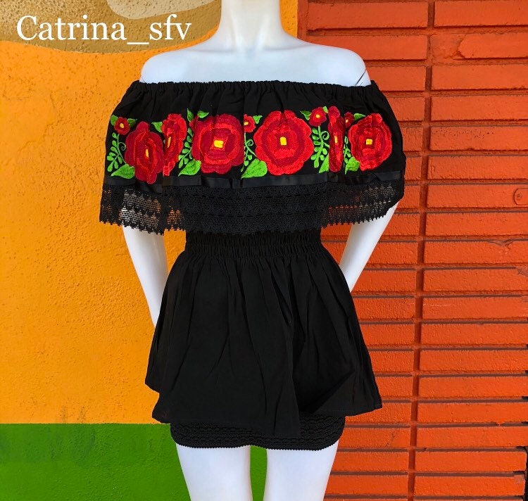 Interpersonal Indirecto Arte Blusa mexicana, blusa campesina, blusa artesanal, blusa negra bordada ,  blusa fuera de los hombros ideal para una fiesta mexicana, ENVIO GRATIS EN  LOS ESTADOS UNIDOS