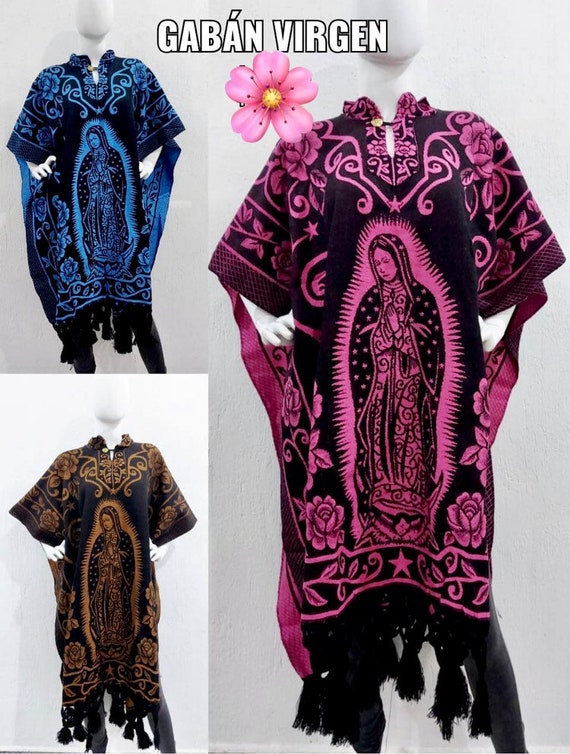 Mexican Jorongo Poncho with virgen de guadalupe Gaban W/Virgin Mary 2 Colors 