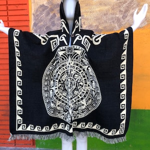 Aztec calendar poncho, Aztec calendar coat, sarape with Aztec calendar, Aztec calendar jorongo, Aztec calendar horongo