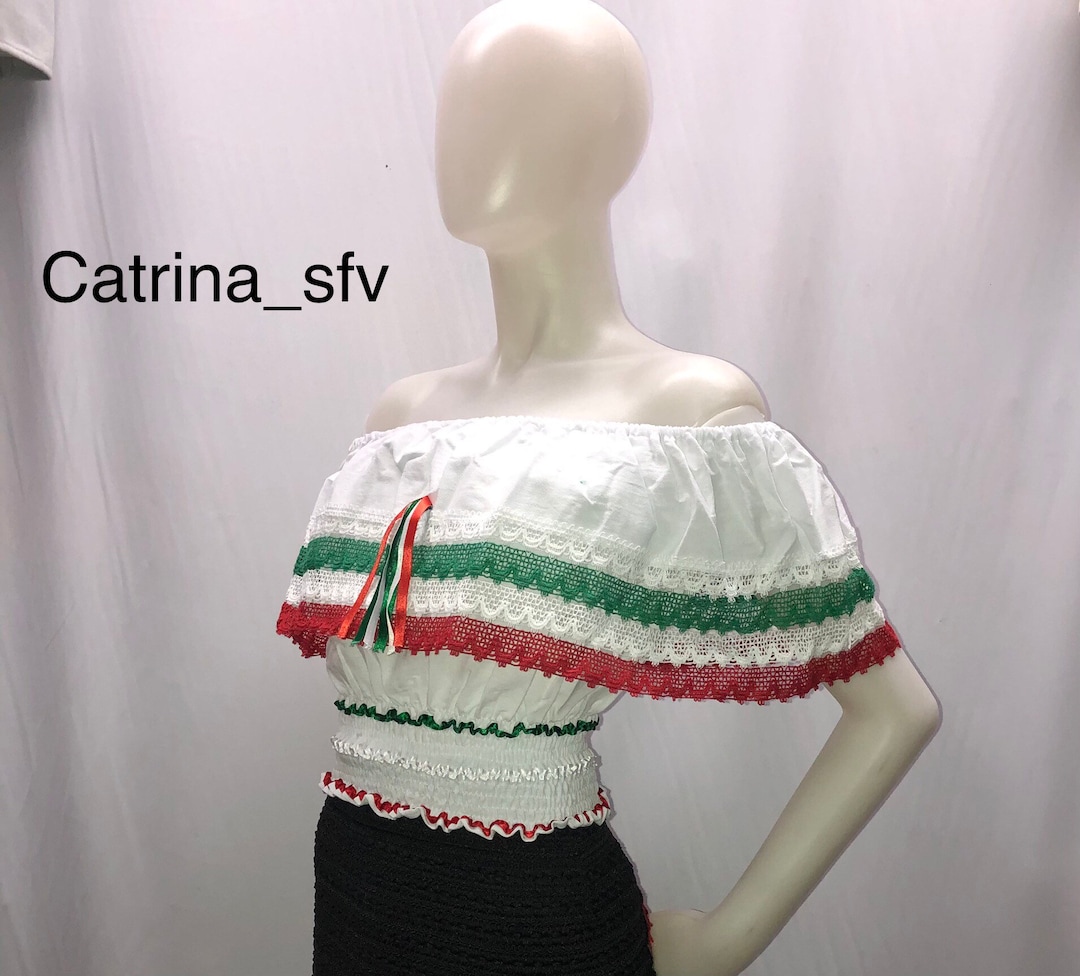 Viva México Blusa Campesina Tricolor Blusas Blancas Blusas