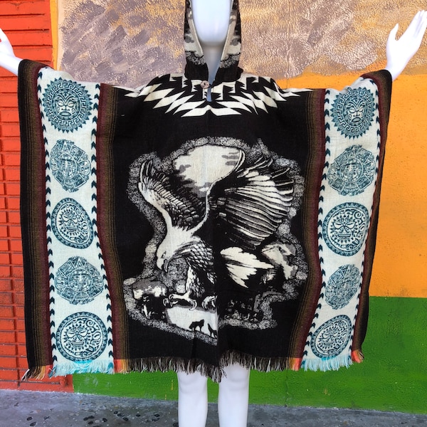 Native poncho, hooded poncho, eagle poncho, Mexican poncho, Peru poncho, Ecuador poncho, Mexican coat, wool poncho