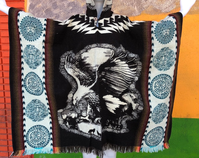 Poncho nativo, poncho con capucha, poncho de águila, poncho mexicano, poncho de Perú, poncho de ecuador, gabán mexicano, poncho de lana