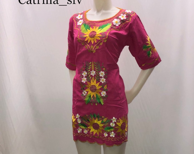 Vestido mexicano, campesina , vestido artesanal, vestido girasoles, vestido con manga ,vestido mexicano corto, ENVIO GRATIS EN ESTADOS UNIDOS