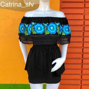 Mexikanische Bluse, schulterfreie Bluse, typisch mexikanische Bluse, handgemachte mexikanische Bluse, Tag der Toten, mexikanische Party, 5. Mai