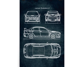 Lancer Evolution X / Car Blueprint Poster / Vintage Style Home Decor