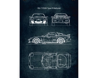 RX-7 FD3S Type R Bathurst / Car Blueprint Poster / Vintage Style Home Decor