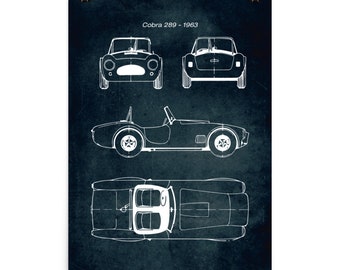 Cobra Roadster 289 1963 / Car Blueprint Poster / Vintage Style Home Decor