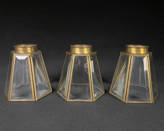 Vintage 6 Sided Brass Light Cover/Ceiling Fan Light Shade with Beveled Clear Glass Panels