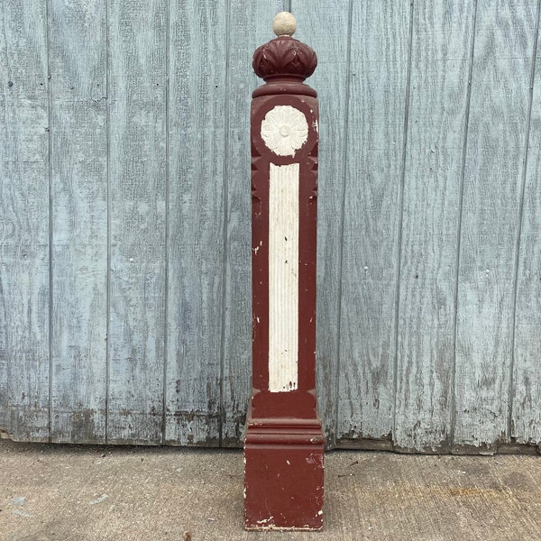Antique architectural salvage red and white Art Deco newel post with cap and finial
