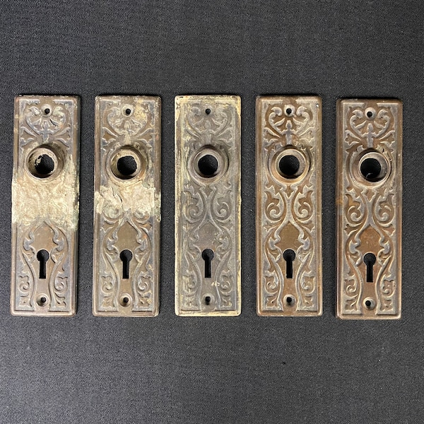 Antique Architectural Salvage Set of 5 Flashed Copper Plated Steel Eastlake Back Plates with Keyhole