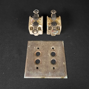 May include: Two vintage electrical switches with a metal faceplate. The switches are cream-colored with black components and metal hardware. The faceplate is square, with two sets of circular openings for the switches. The metal has a tarnished appearance.