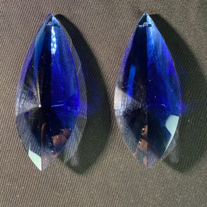 Antique architectural salvage pair of Cobalt blue elongated double pointed teardrop shaped crystal glass chandelier prism