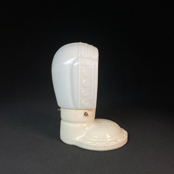 Antique architectural salvage Art Deco white porcelain and milk glass bathroom wall scone.