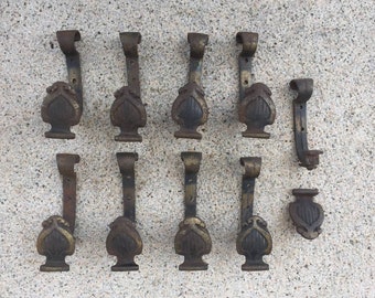 Set Of 9 Antique Architectural Salvage Cast Iron Spade Curtian Rod Holder Hook Screw Mount From The Collection Of Fellenz Antiques