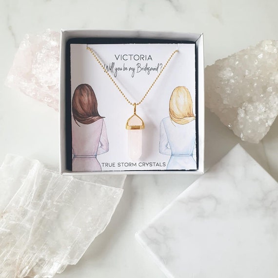 Will you be my Bridesmaid card Crystal Necklace, Bridesmaid gift, Thank you for being my bridesmaid, Personalised necklace gift, Rose quartz