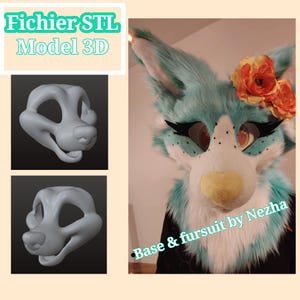 Puede incluir: Un modelo 3D digital de una base de cabeza canina etiquetado Fichier STL Model 3D y una máscara de piel sintética en color verde azulado y blanco con flores naranjas y pestañas negras, con el texto Base & fursuit by Nezha en la imagen.
