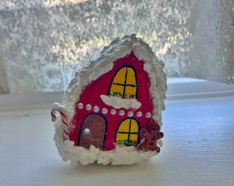 Gingerbread house painted rock, stone art, Christmas gift, holiday gift