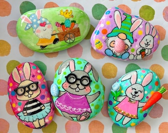 Happy Easter with 3D embellishment painted rocks, Easter bunny, perfect for Easter egg hunt, stone art, kindness rocks, Easter basket filler