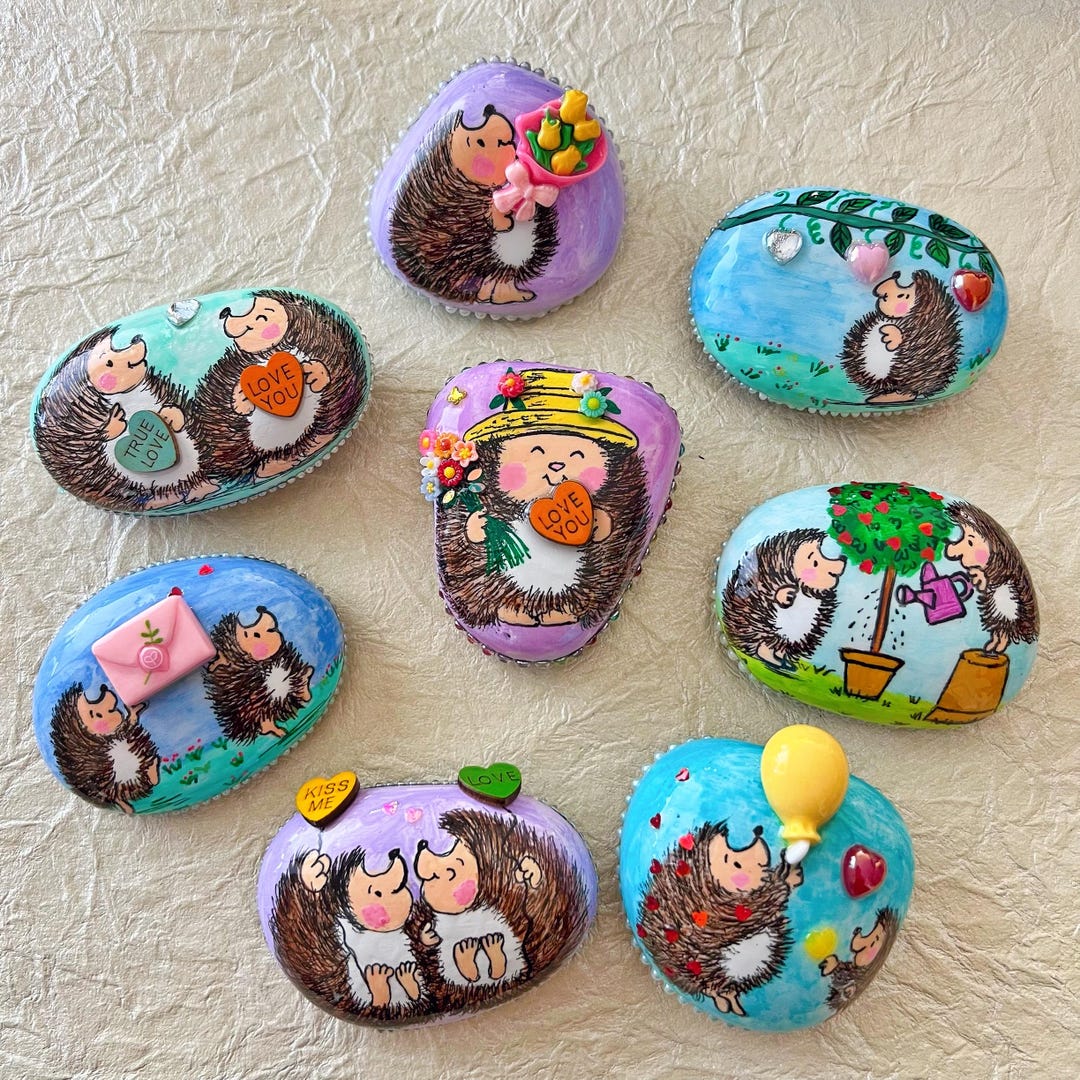 Cute Little Hedgehog Painted Rocks With 3D Elements, Stone Art ...