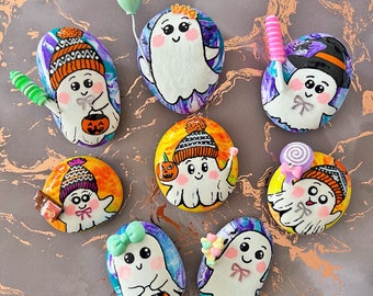 Cute little ghost hand painted rocks with acrylic marbling backgrounds. Halloween rocks, perfect for trick or treat, kindness rocks