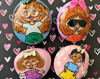Cute little girl hand painted rocks, gifts, kindness rocks