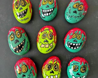 Halloween zombie painted rocks, perfect for trick or treat, goodie bags
